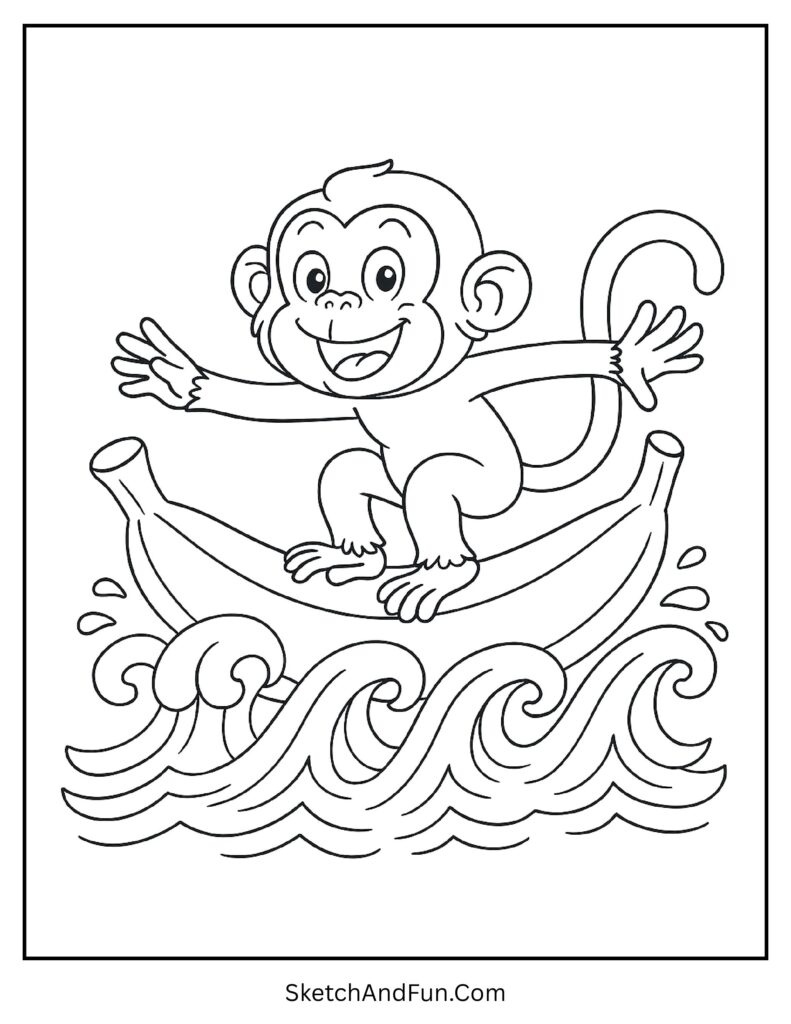 Silly monkey surfing on a giant banana in monkey coloring pages PDF download