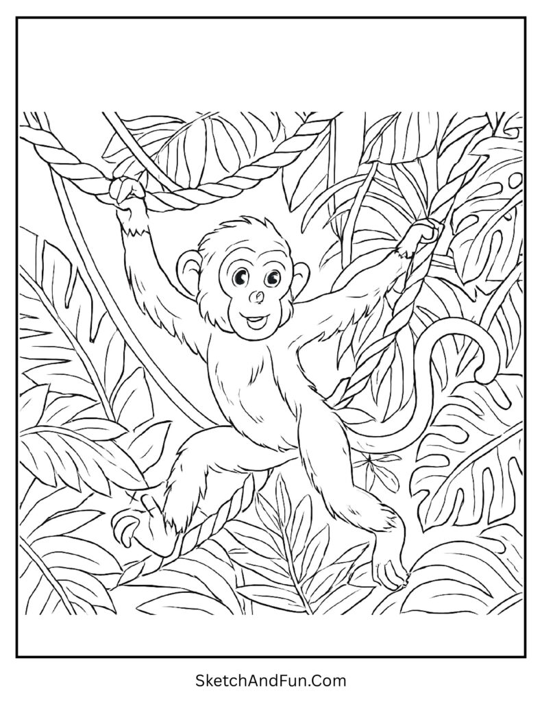Monkey swinging through jungle vines in monkey swinging on vine coloring sheet