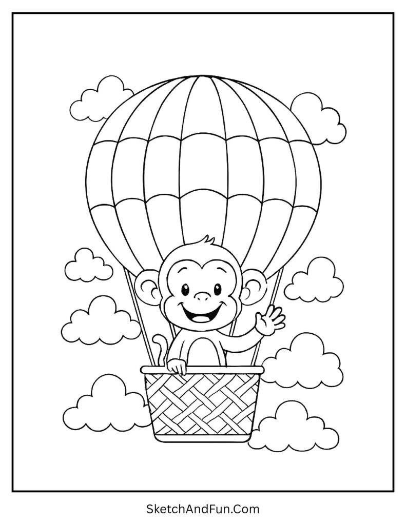 Monkey waving from a hot air balloon in monkey coloring pages free printable