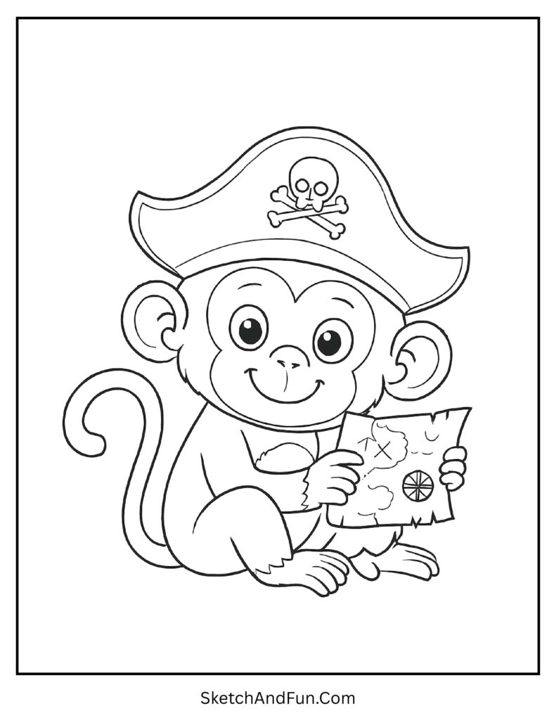 Cheeky monkey wearing a pirate hat in cartoon monkey coloring pages
