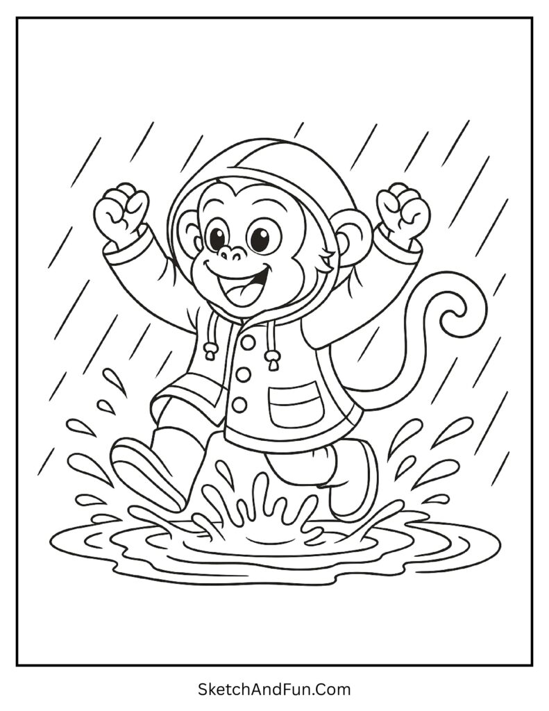 Monkey jumping in puddles in monkey coloring pages PDF download