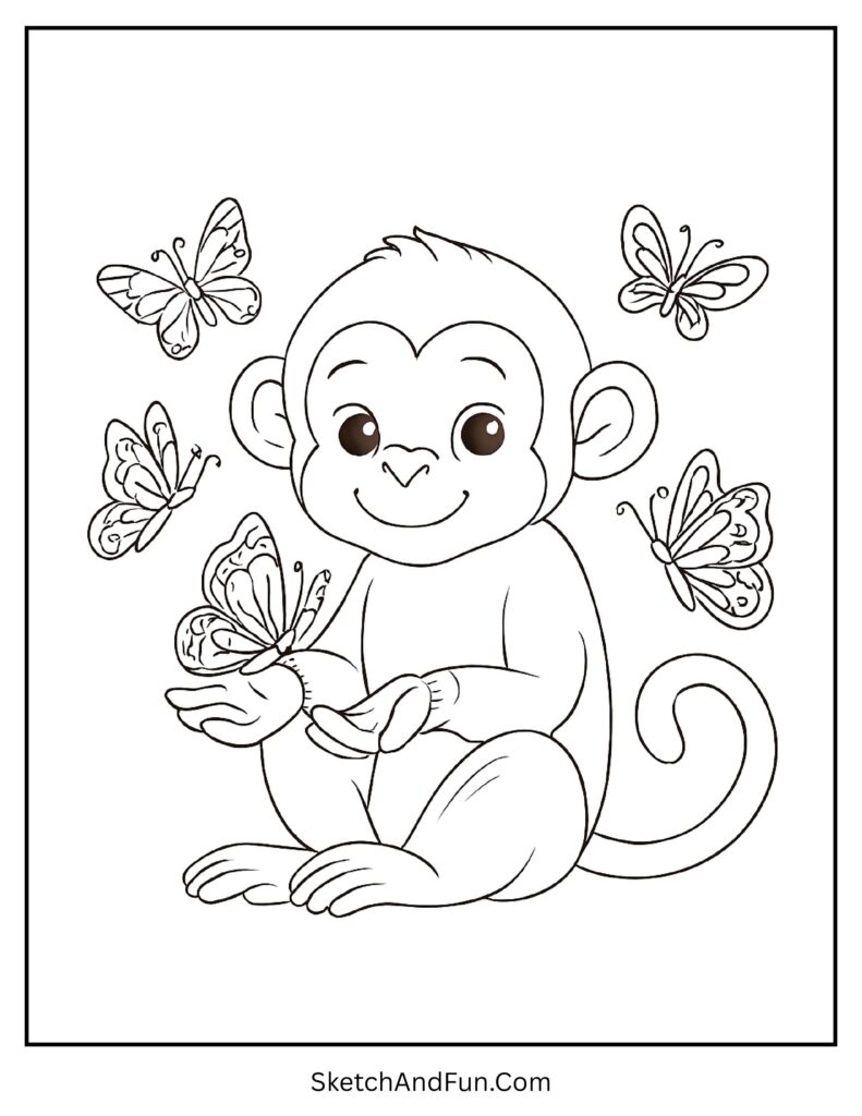 Gentle monkey with butterflies in monkey family coloring printable