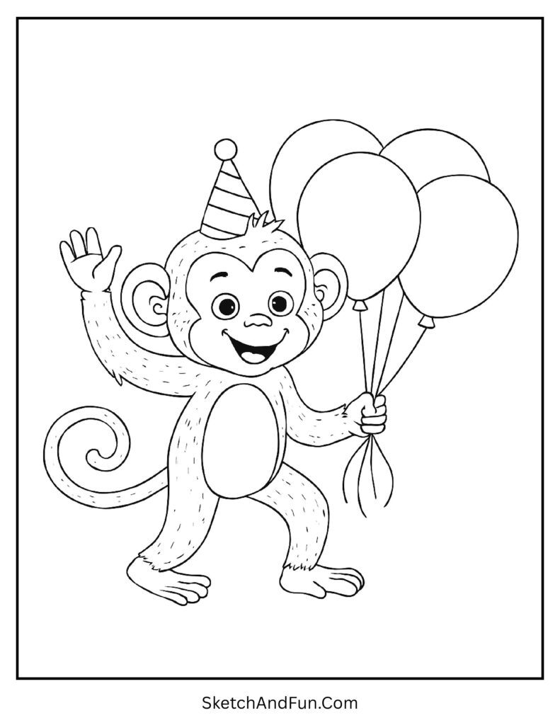 Party monkey holding balloons in howler monkey coloring page