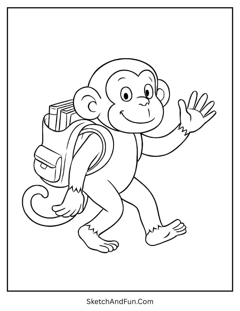 School monkey with backpack in monkey coloring pages for adults