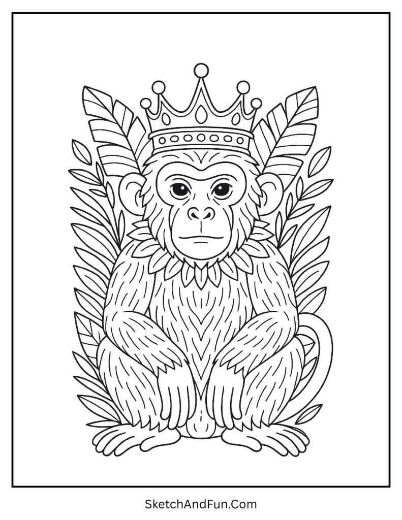 Royal monkey wearing a crown in realistic monkey coloring pages