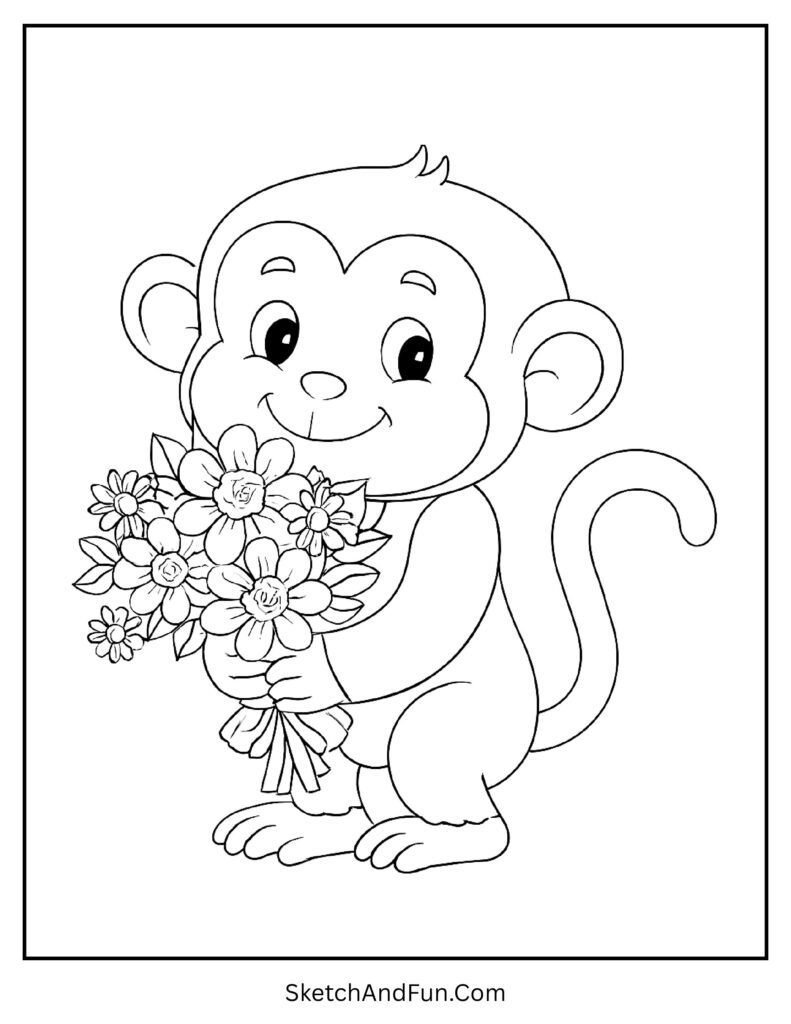 Sweet monkey holding flowers in baby baboon coloring page
