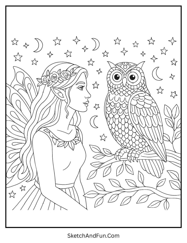 Fairy chatting with owl under moonlight for disney fairy coloring pages for home use.