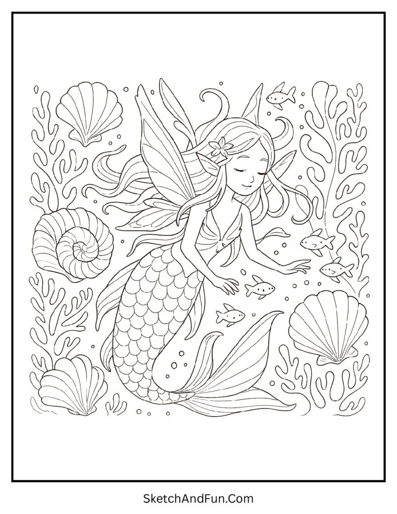 Mermaid-like fairy swimming with glowing fish for cute fairy coloring pages for girls.