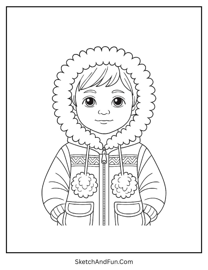 Kid in pom-pom parka with snowflakes from printable winter outfit coloring page free.