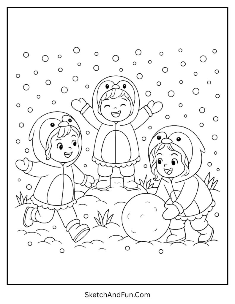 Children in penguin parkas playing in snow from fun winter outfit coloring page downloadable.