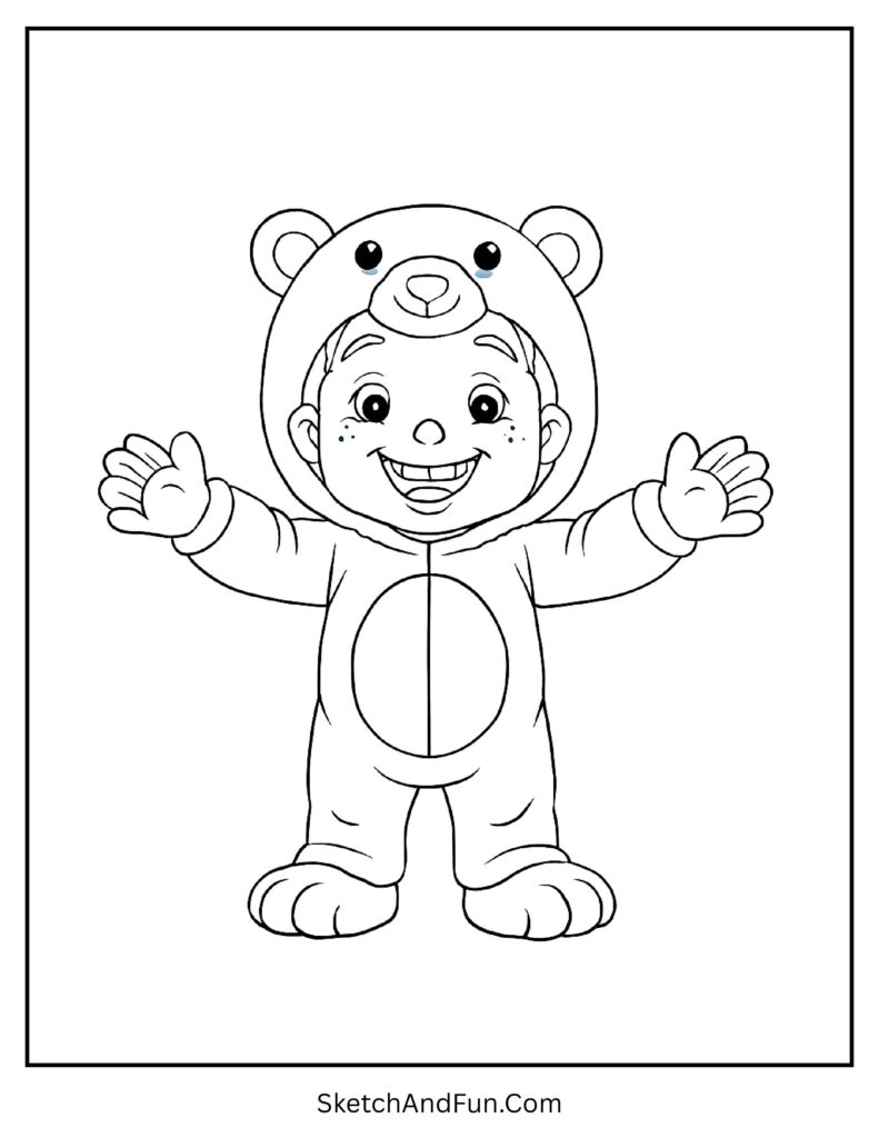 Toddler in polar bear onesie from winter outfit coloring pages bundle download.