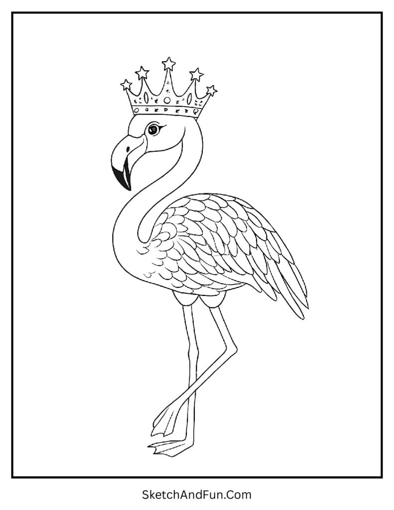 Princess flamingo with a crown for flamingo coloring page for wildlife / bird lovers.