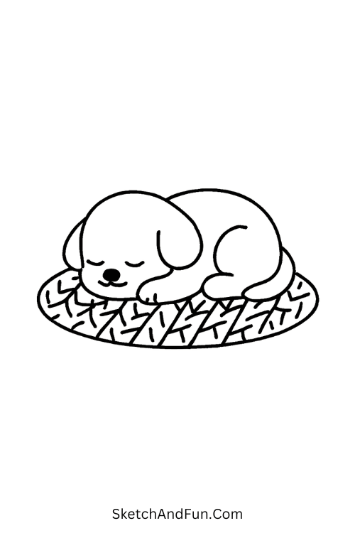 Puppy on a Knitted Rug resting for cozy animal drawing ideas on warm rug.
