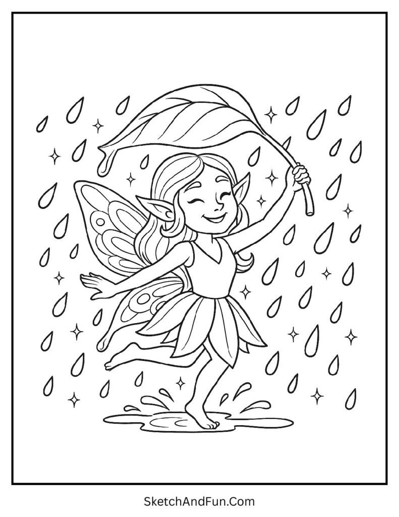 Fairy dancing in rain with leaf umbrella for tooth fairy coloring pages printable.