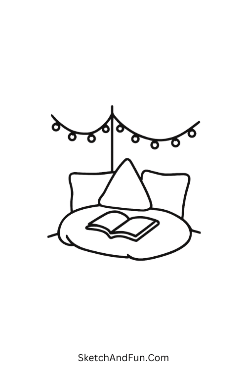 Reading Nook for cozy drawing ideas step by step with pillows.