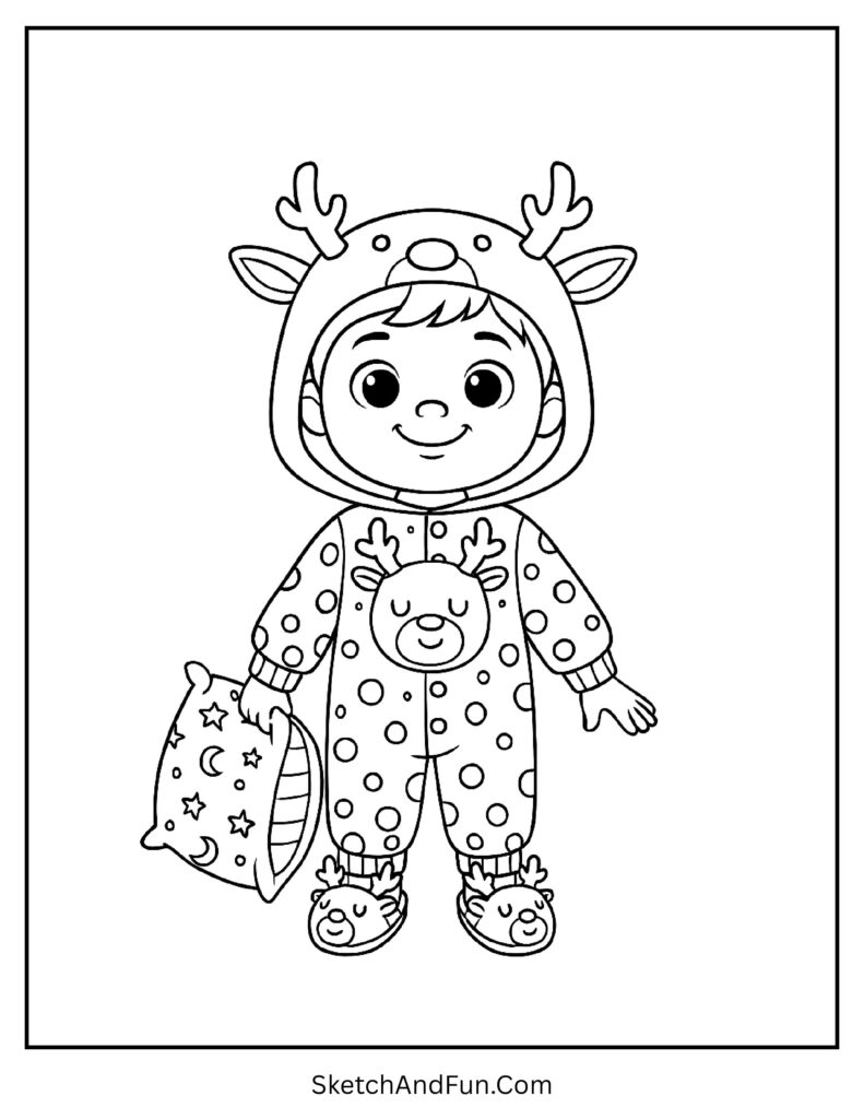 Boy in reindeer pajamas and slippers from winter outfit coloring sheet kids activity.