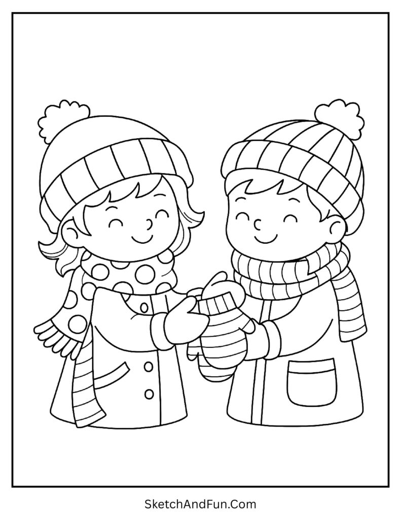 Friends exchanging scarves and mittens from winter outfit coloring pages fashion edition.