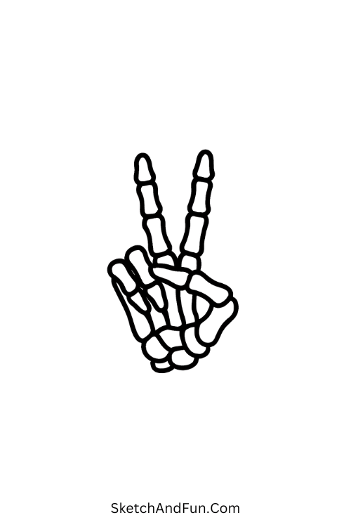 Cool drawing ideas for art club – Skeleton hand making peace sign.