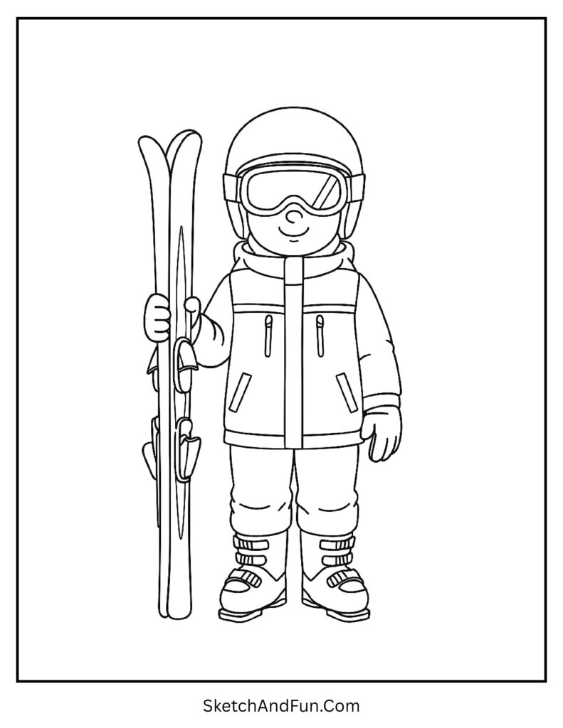 Kid in ski gear and goggles featured in winter clothes coloring page winter outfits.