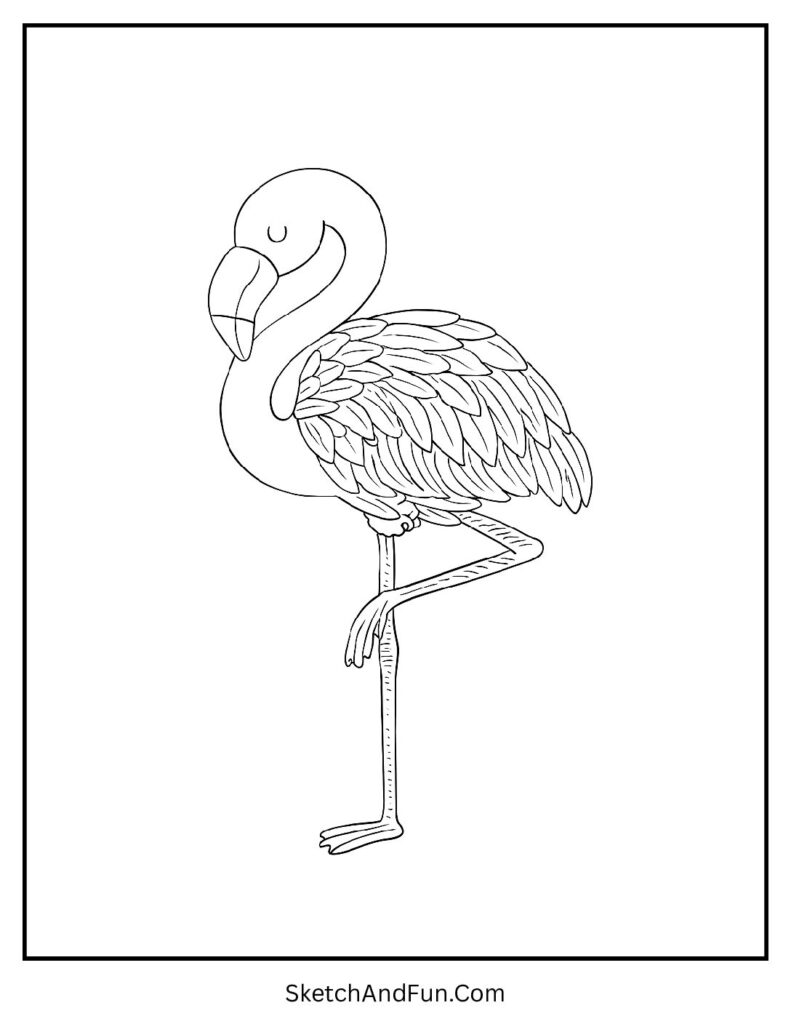 Sleeping flamingo on one leg in a flamingo coloring page nature scene theme.