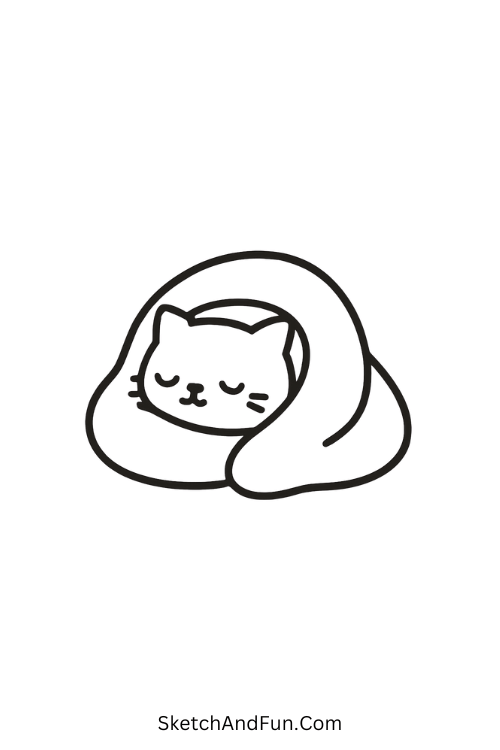 Sleepy Cat in a Blanket curled up for cozy cat drawing ideas with soft blanket.
