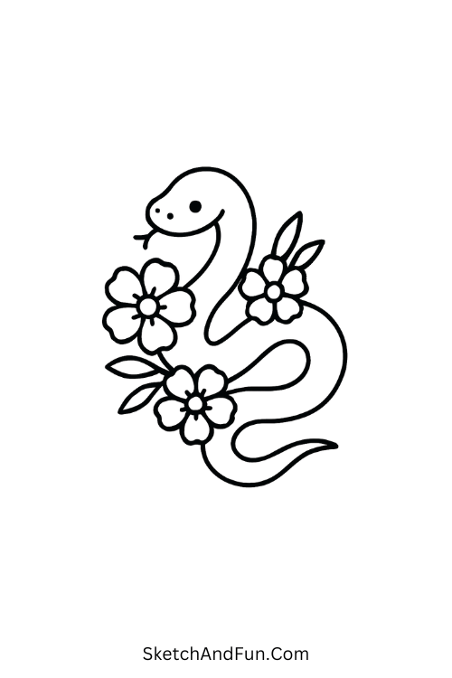 Quick cool drawing ideas – Snake with flowers showing wild calm mix.