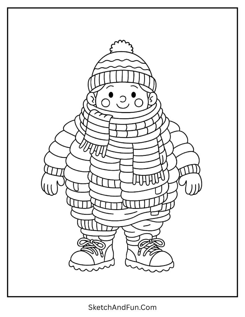 Child wearing many winter layers from winter outfit coloring sheet easy outline for toddlers.
