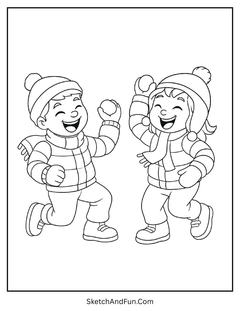 Two kids in winter gear throwing snowballs from winter outfit coloring page preschool.