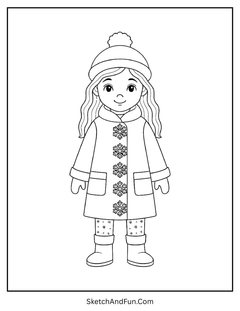 Girl in coat with snowflake buttons from winter outfit coloring pages for girls.