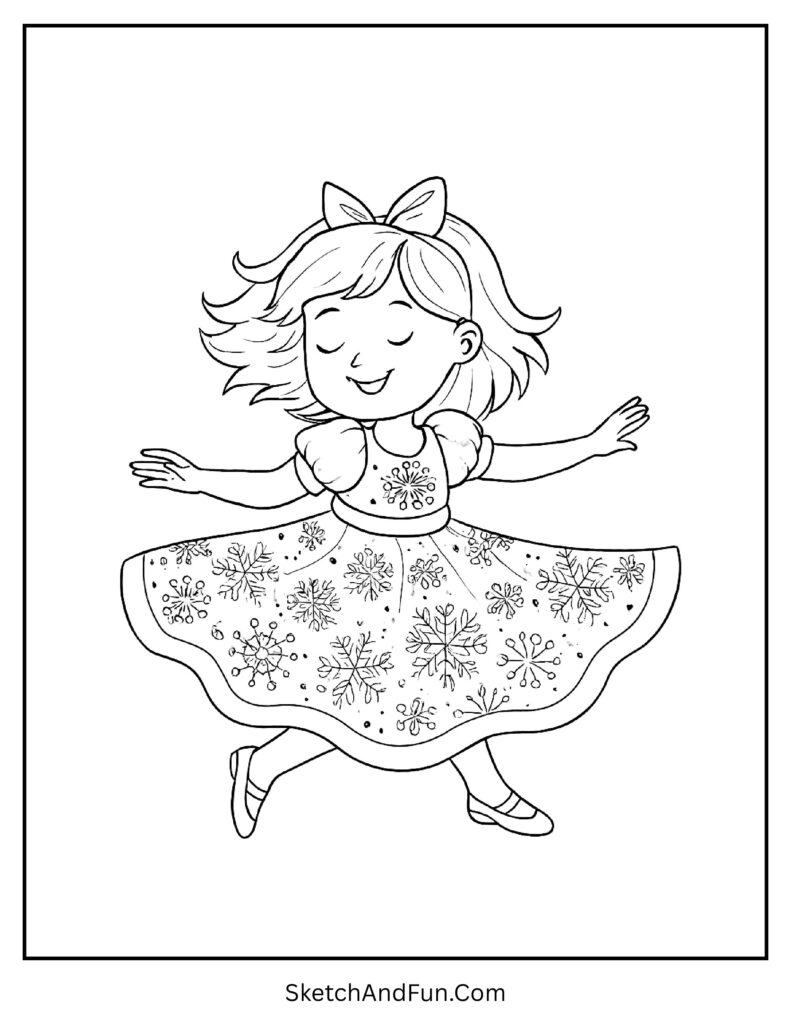 Girl twirling in snowflake dress from winter outfit coloring pages seasonal wardrobe for kids.