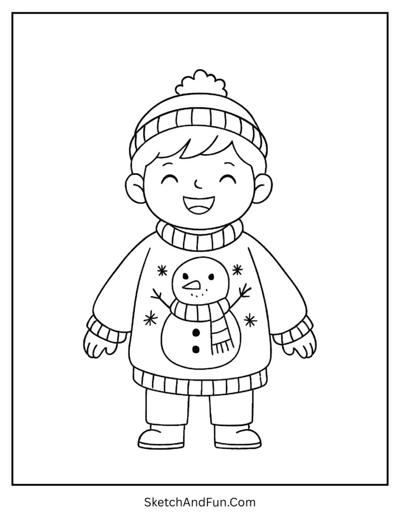 Cute kid in snowman sweater for winter outfit coloring sheet easy download.