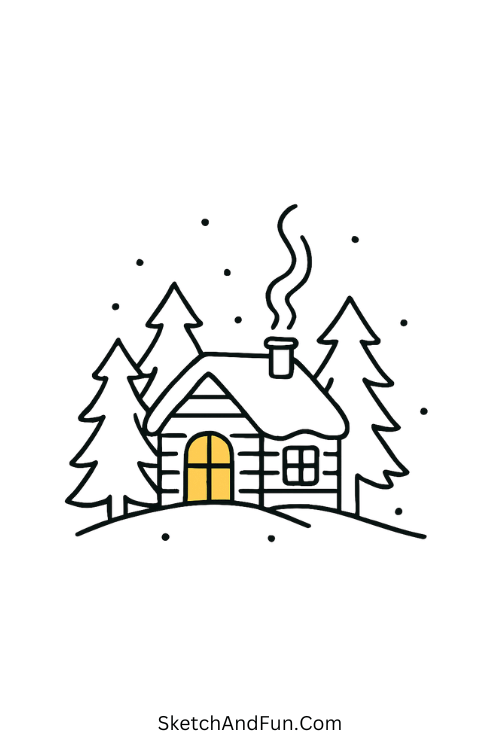 Snowy Cabin Scene for cozy cottage drawing ideas easy and calm.