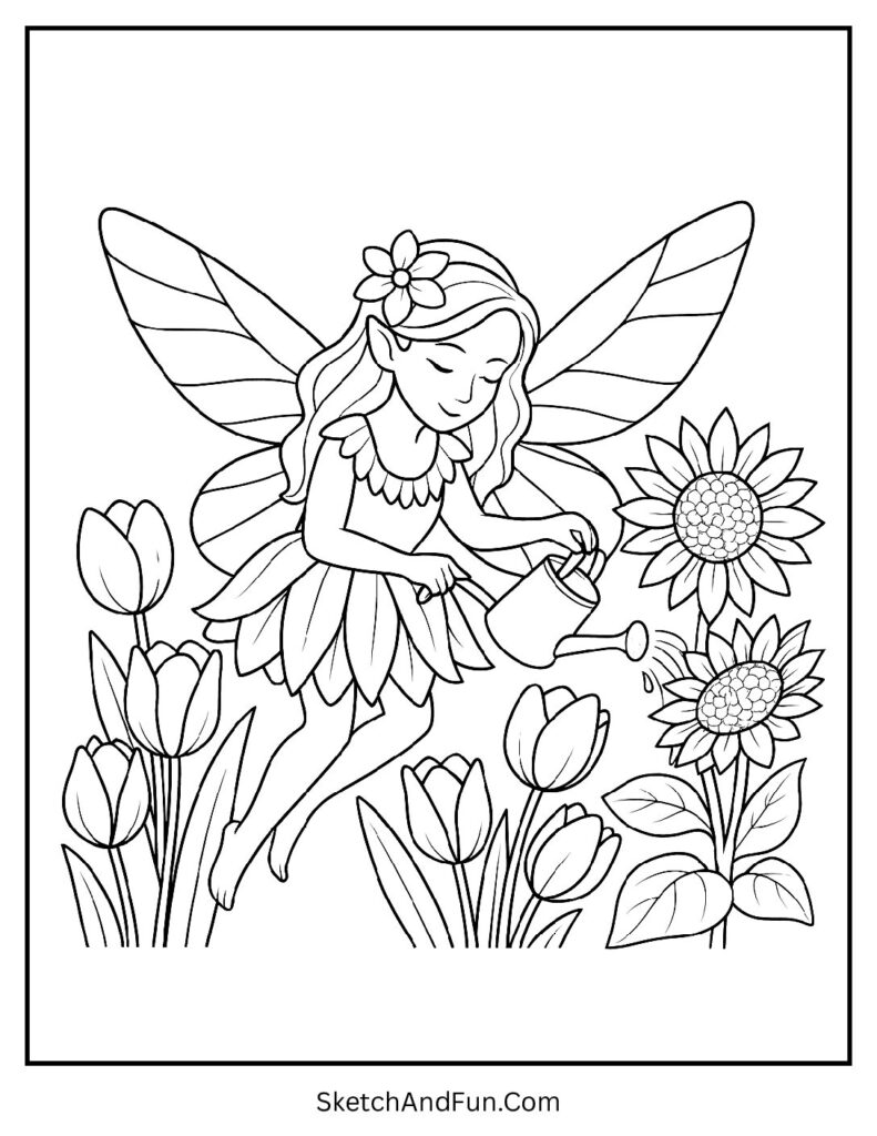 Fairy watering tulips in garden for fairy coloring pages homeschool activity.
