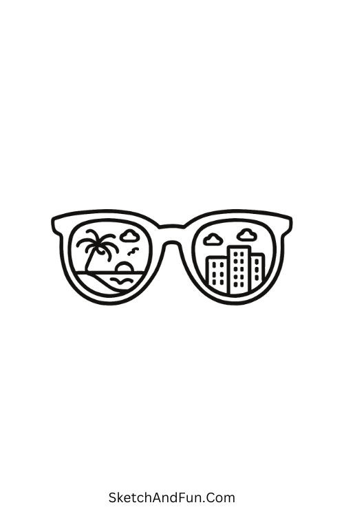 Cool drawings cute – Sunglasses showing a beach reflection with fun summer energy.
