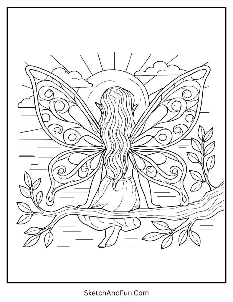 Fairy sitting at sunset with glowing wings for winter fairy coloring pages snow fairy printables.