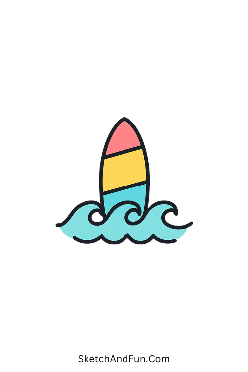 Cool drawing ideas easy – Surfboard on waves showing ocean calm.
