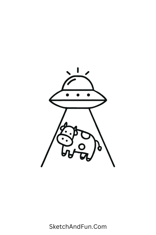 Fun cool drawing ideas for kids party – UFO abducting cow in comic style.