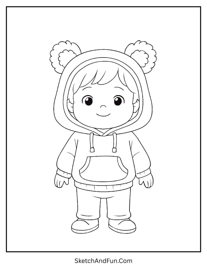 Toddler in bear hoodie with fuzzy ears from cozy winter outfit coloring page printable.