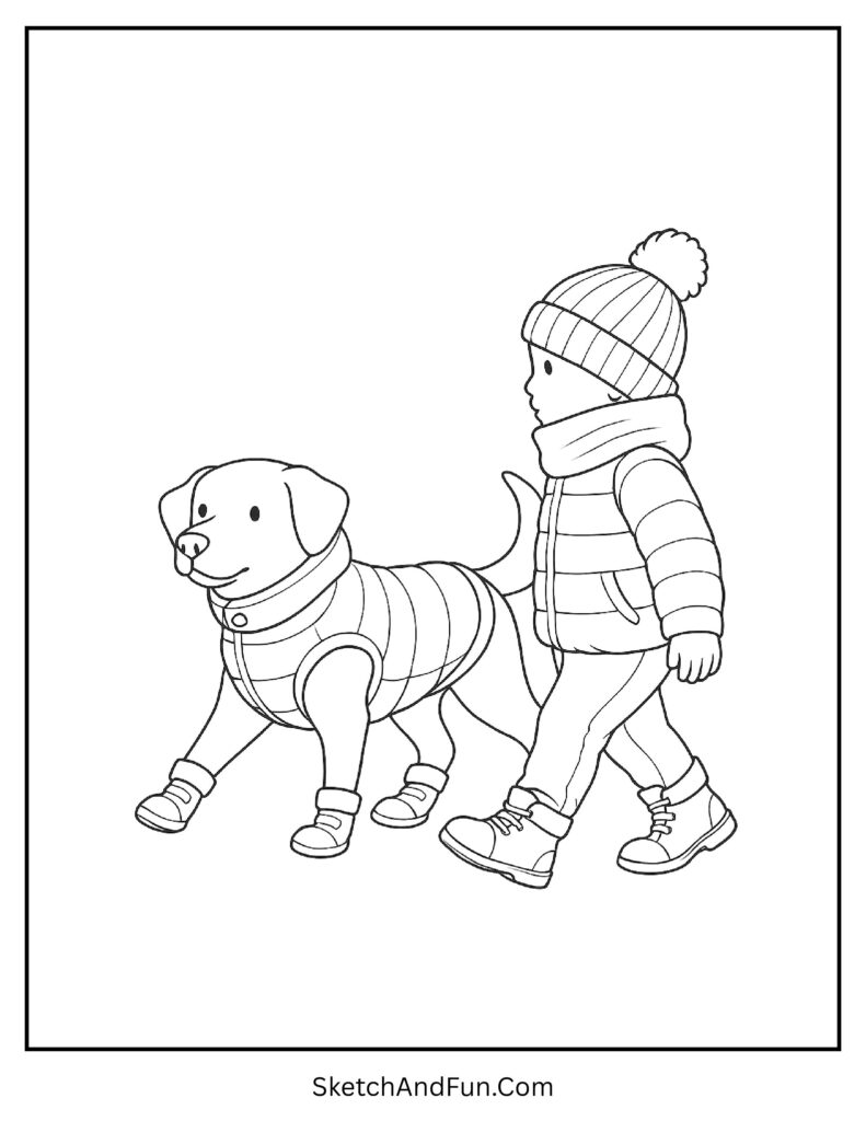 Puppy in jacket and boots beside kid from winter outfit coloring page clothing theme winter wear.
