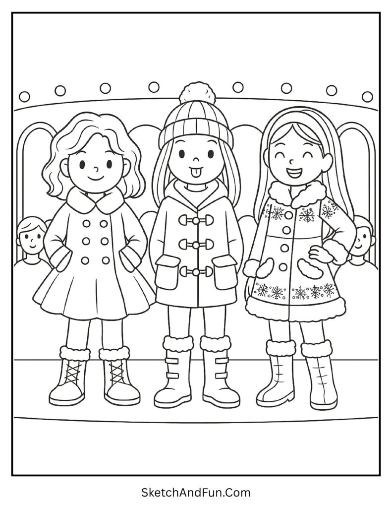 Three friends showing winter coats from snow day outfit coloring sheet.