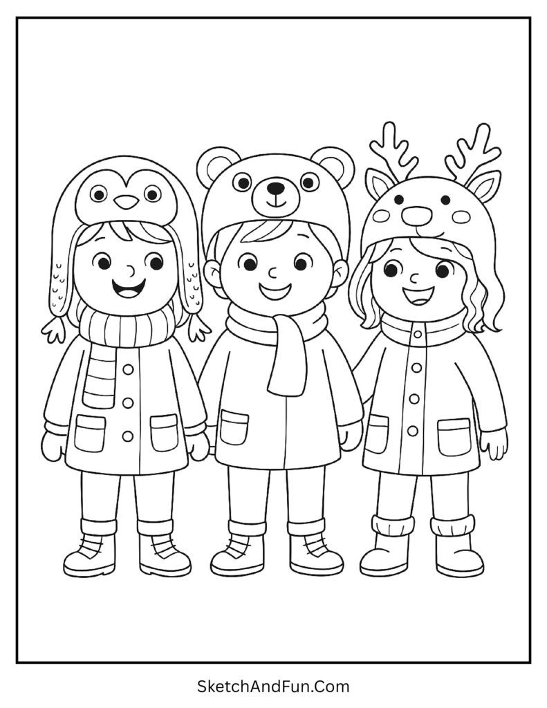 Kids showing funny hats like penguins and reindeer for winter outfit coloring page free printable.