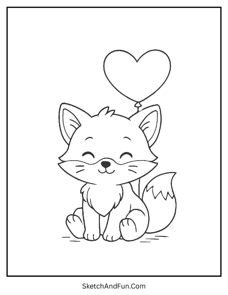 Baby fox coloring page holding a heart balloon