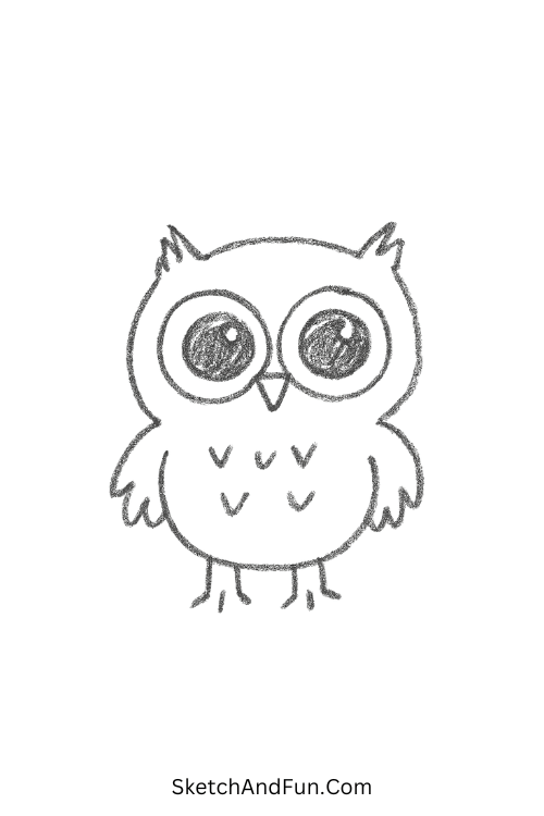 Baby owl with round eyes sweet for simple drawing ideas mushrooms houses fantasy.