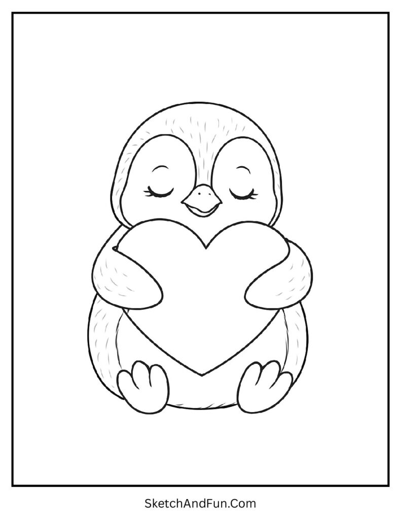 Tiny penguin hugging heart in baby penguin coloring page printable