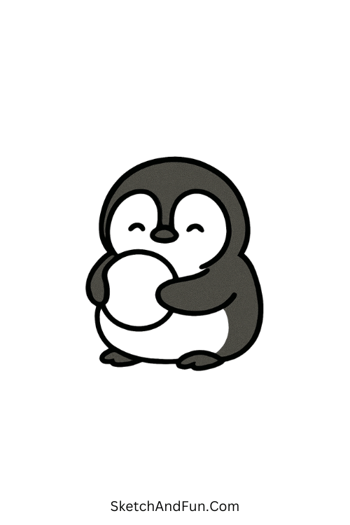 Round penguin holding snowball for penguin winter drawing simple