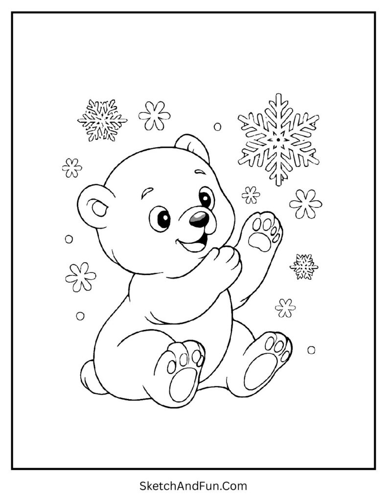 Baby cub catching snowflakes in a cute baby polar bear coloring page
