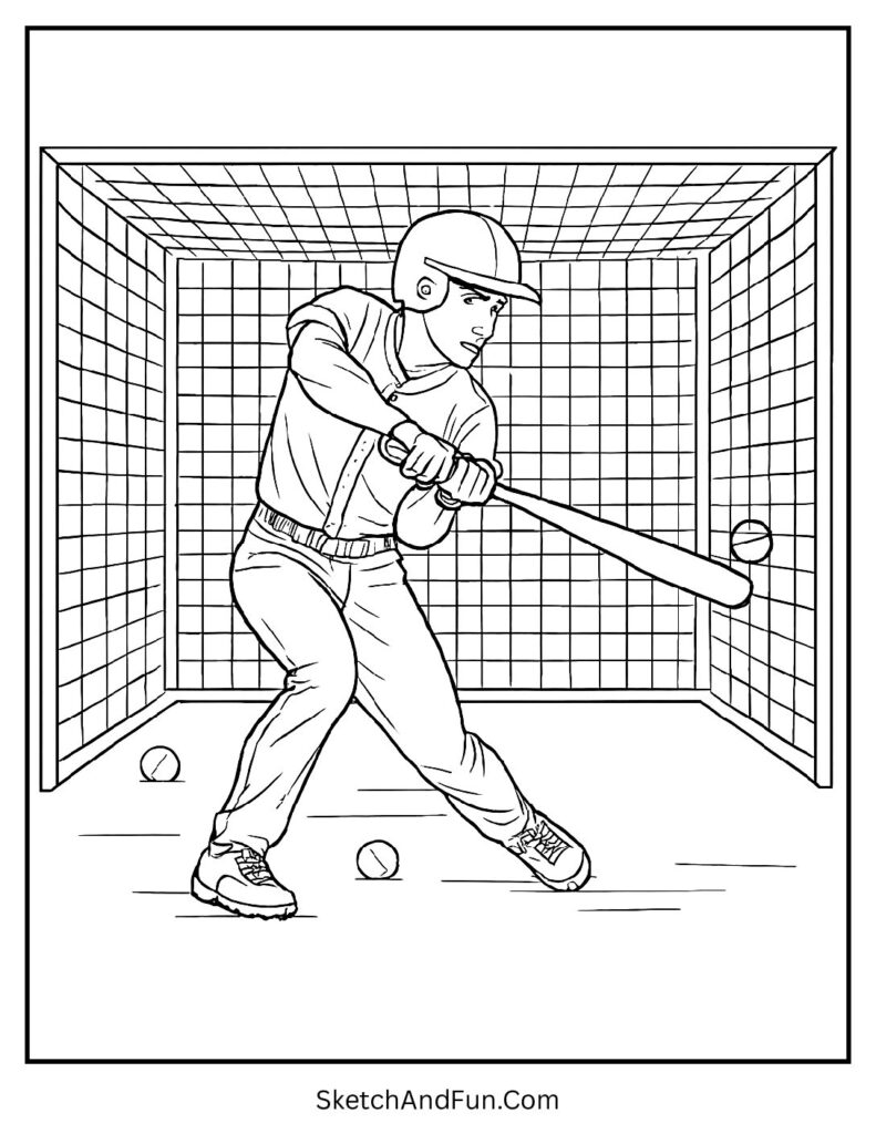 Batting cage practice simple baseball coloring pages design
