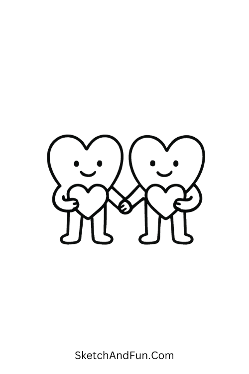 Two friends holding matching hearts for valentine drawings for classroom
