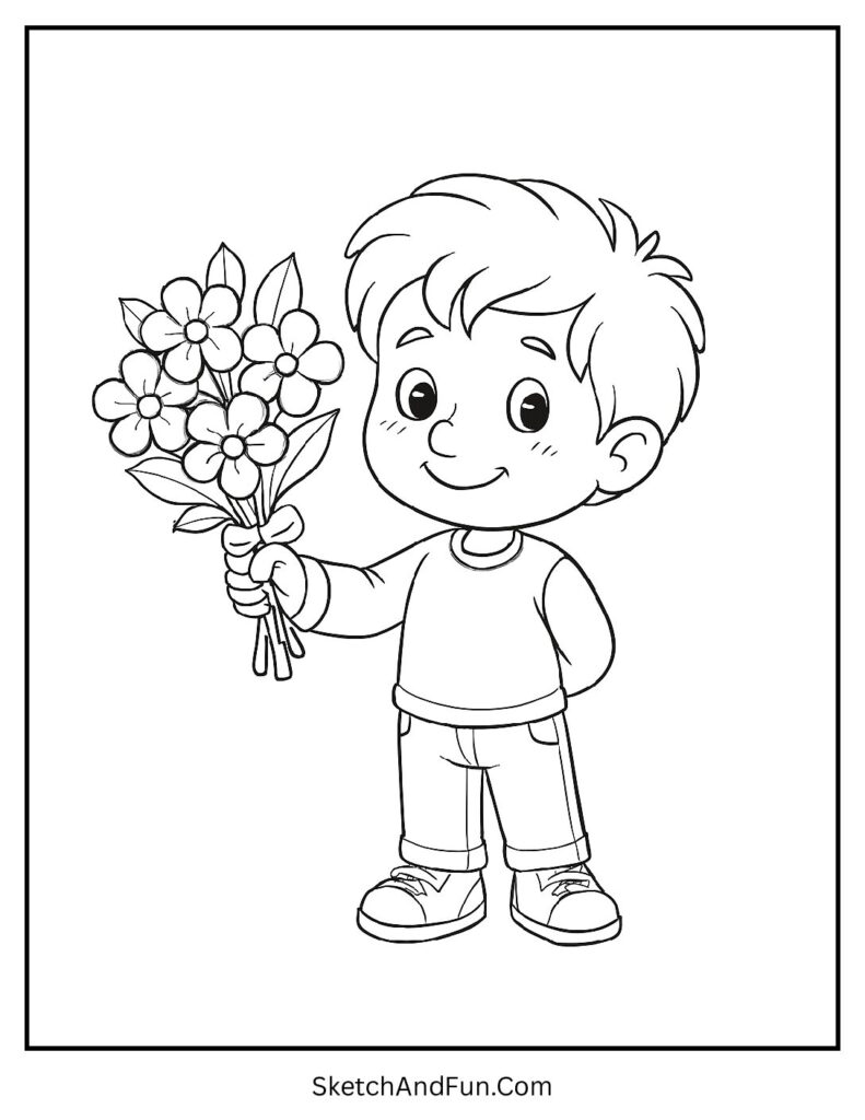 Boy offering flowers with shy smile – Valentines day coloring pages for kindergarten
