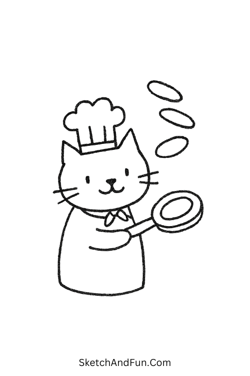 Cat cooking pancakes shown as funny doodle characters